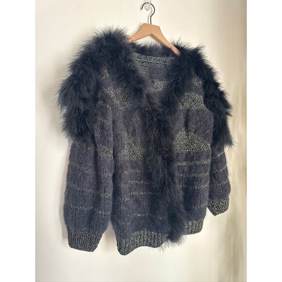 Vintage Feather Trim Metallic Knit Cardigan - Black & Gold, One Size - Picture 2 of 9